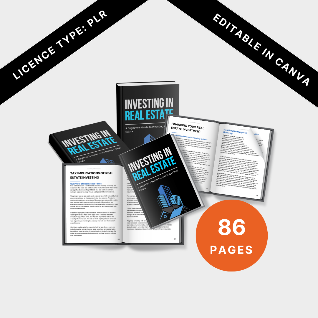 Full Product Showcase Image – A promotional image displaying multiple versions of the ebook, including the front cover, inside page previews, and a large "86 Pages" label. The image also highlights that the product is a PLR (Private Label Rights) digital asset, editable in Canva for customization and resale.
