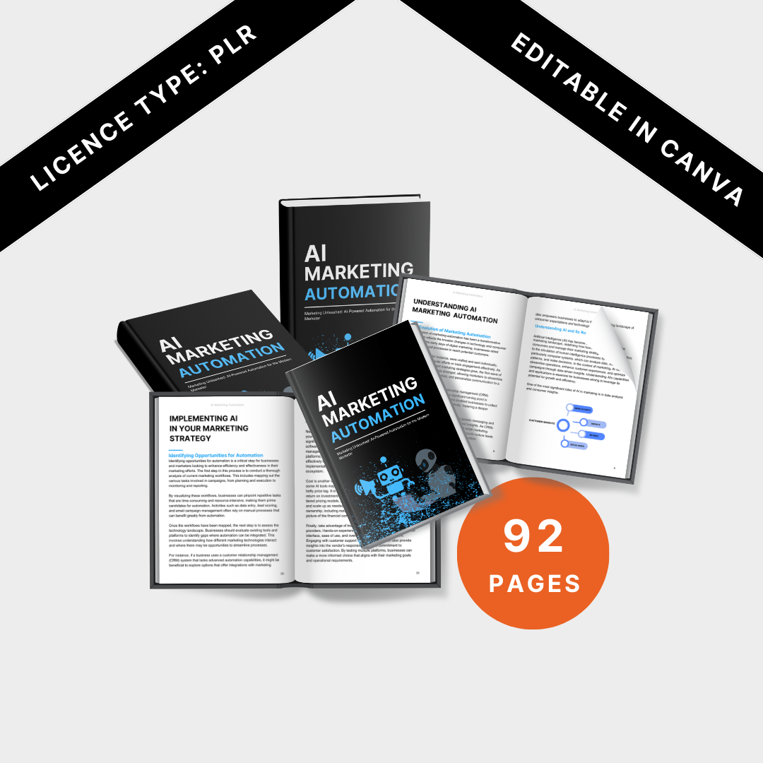 A collection of book mockups highlighting 80 pages of AI marketing strategies with PLR rights.