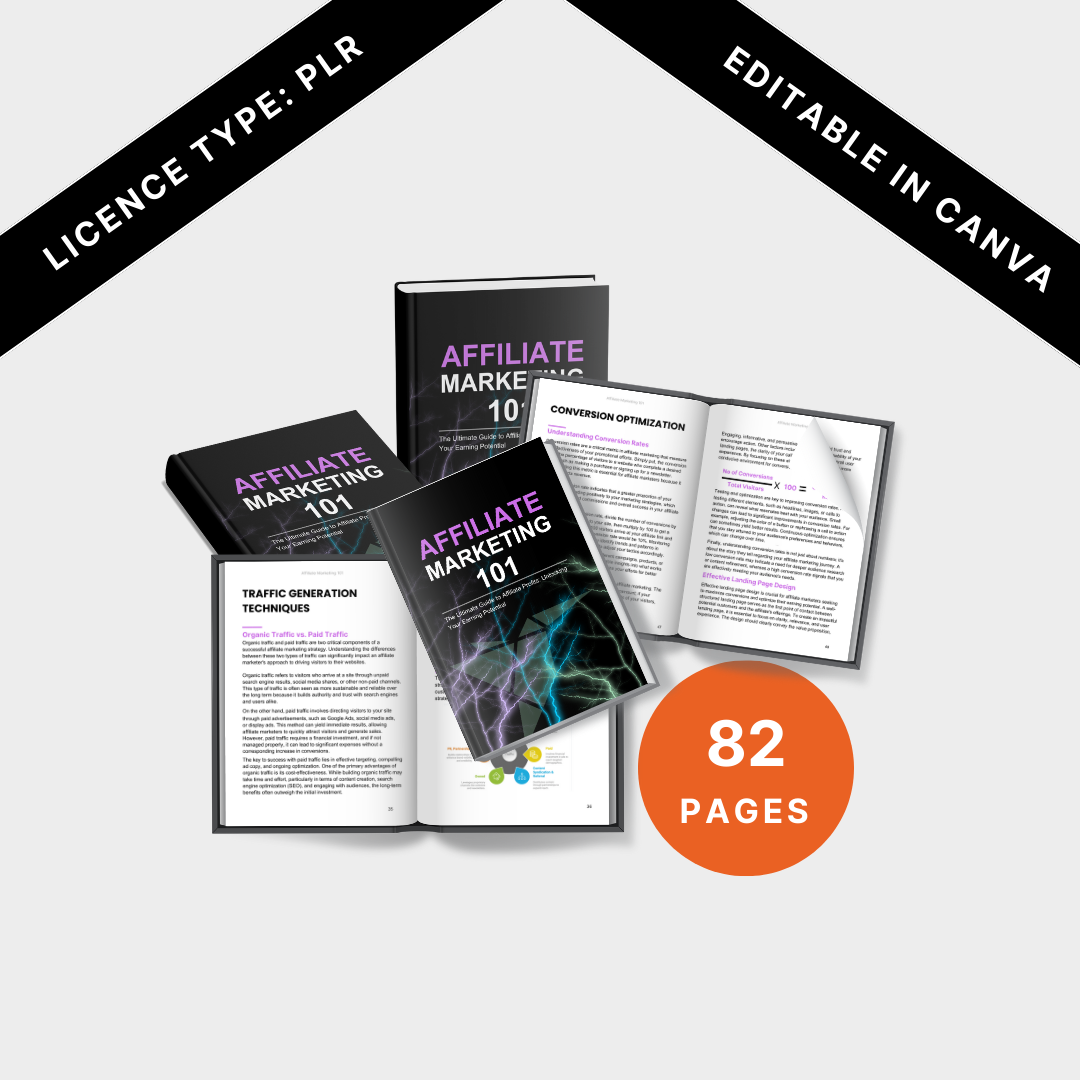 Affiliate Marketing 101 eBook bundle, featuring multiple views of the book, including open and closed pages, emphasizing its 82-page value.