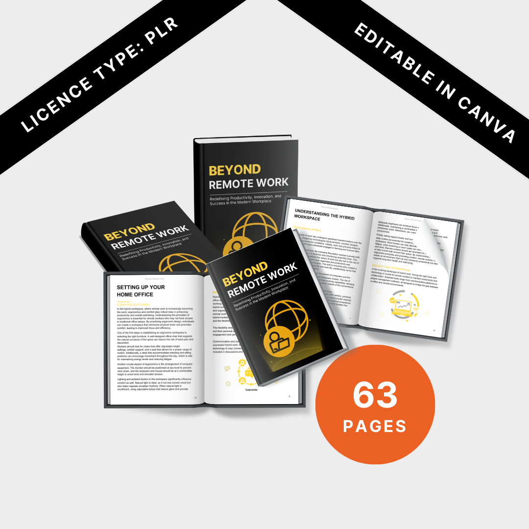 PLR Edition: "Beyond Remote Work PLR ebook bundle, showing multiple book mockups and 63 pages of content.