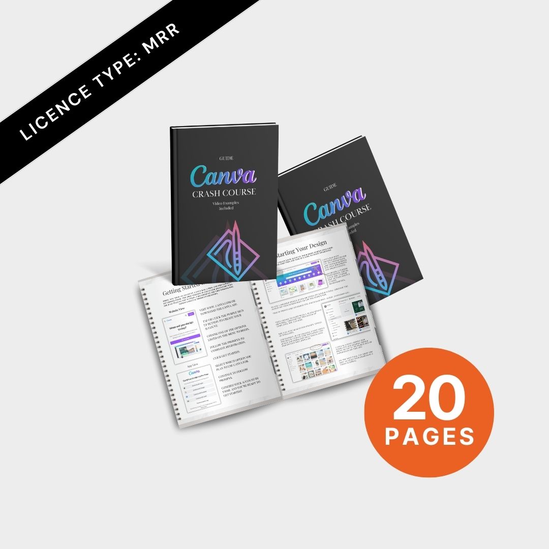 Bundle preview of the Canva Crash Course guide, showing both front cover and inside pages with a “20 Pages” orange badge and MRR label.