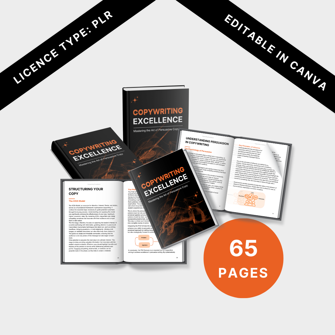 Product Listing Bundle Image: "Copywriting Excellence digital product bundle, including editable PLR eBook, templates, and marketing strategies for reselling.