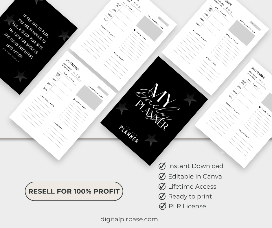 Print-ready undated daily planner with 100% resell rights and Canva access.