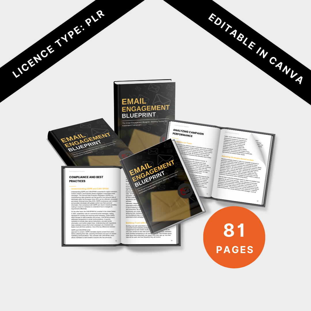 Comprehensive Email Engagement Blueprint Bundle - A collection of book covers and open pages, highlighting the 81-page guide, editable in Canva with Private Label Rights (PLR).
