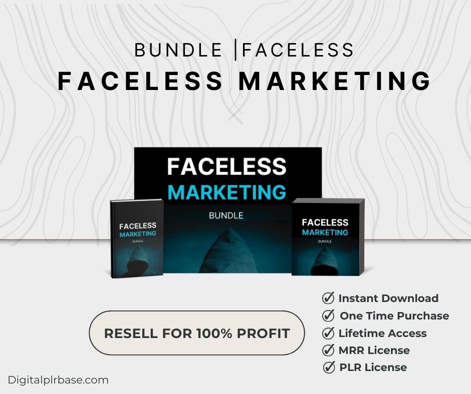 Faceless Marketing Bundle shown with icons listing benefits: Instant Download, Over 50 Products, Lifetime Access, MRR License, PLR License. Text emphasizes ‘Resell for 100% Profit’.