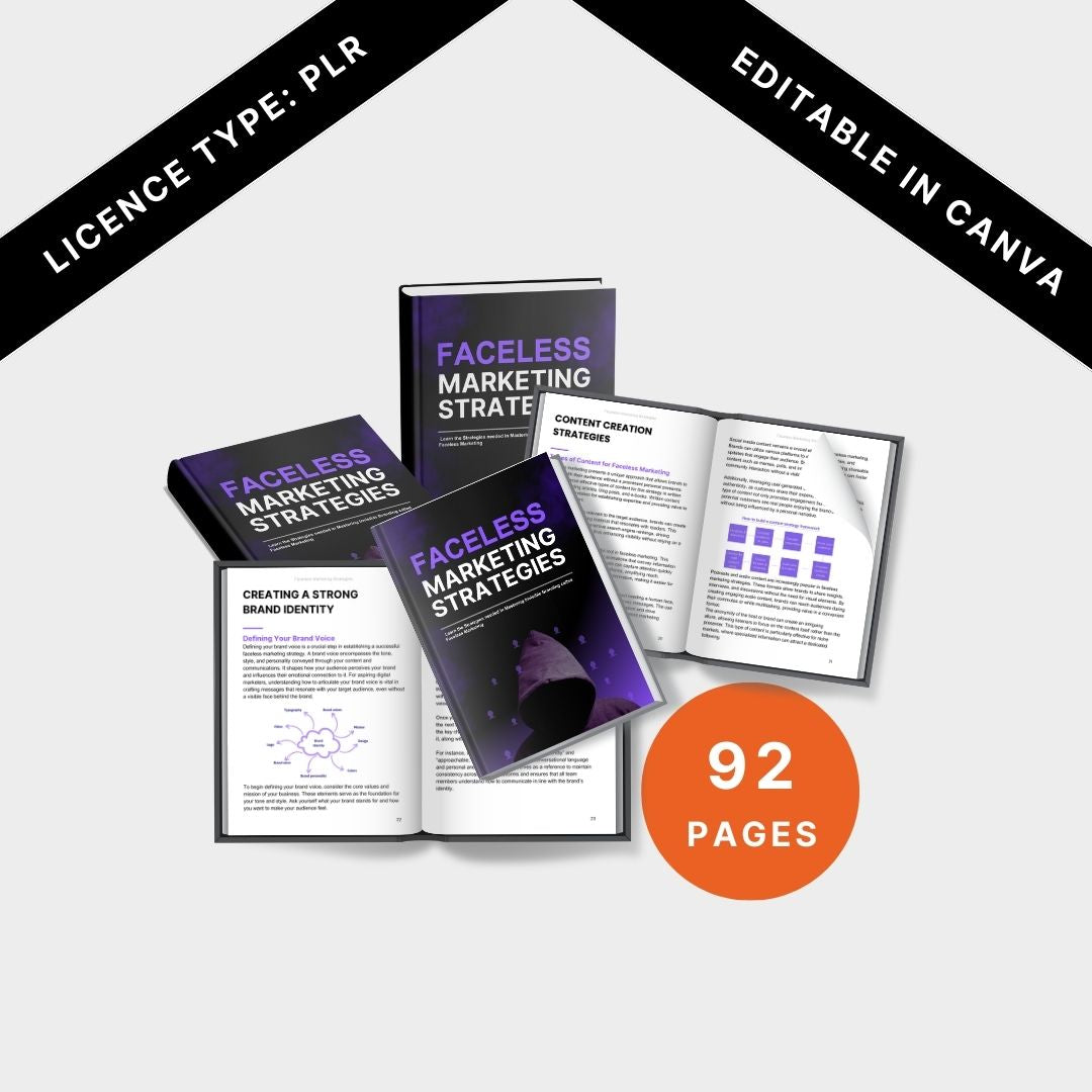 Collage of all ebook mockups and inside pages with a large "92 Pages" badge, "PLR License" and "Editable in Canva" tags.