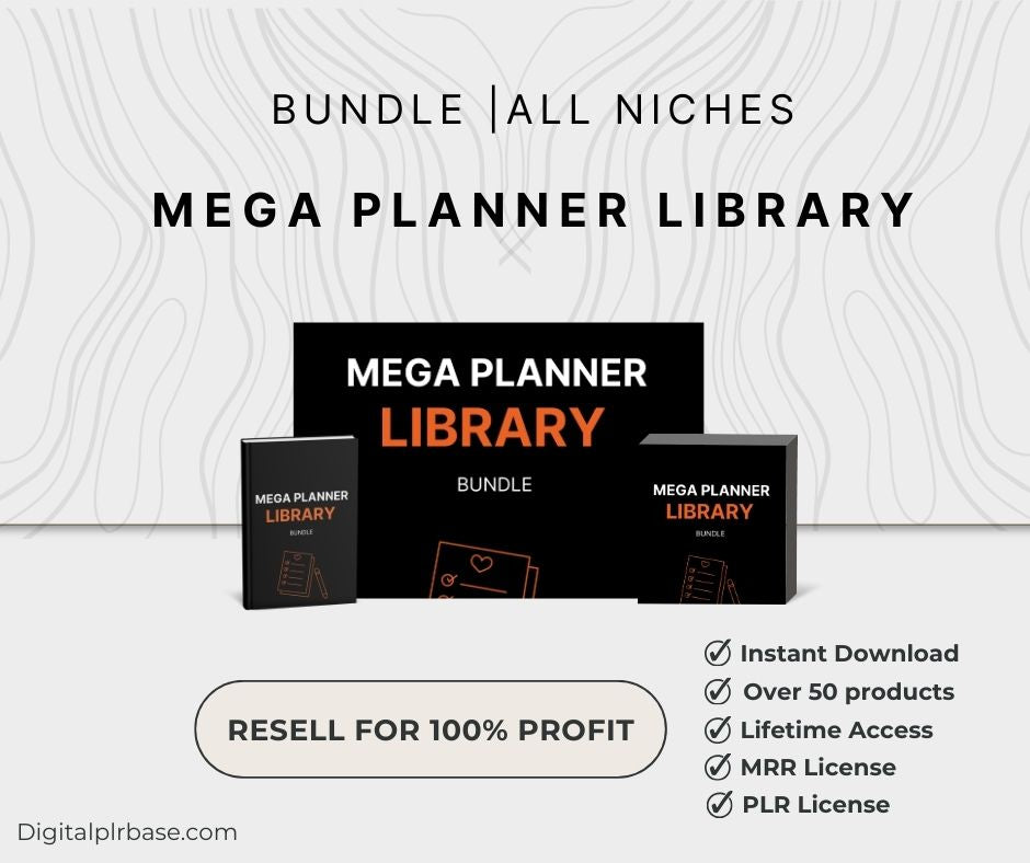 Mega Planner Library Bundle – A massive PLR collection featuring over 50+ done-for-you planners across various niches, complete with 4 bonus mockup packs. Editable, resellable, and instantly downloadable to kickstart your digital product business.