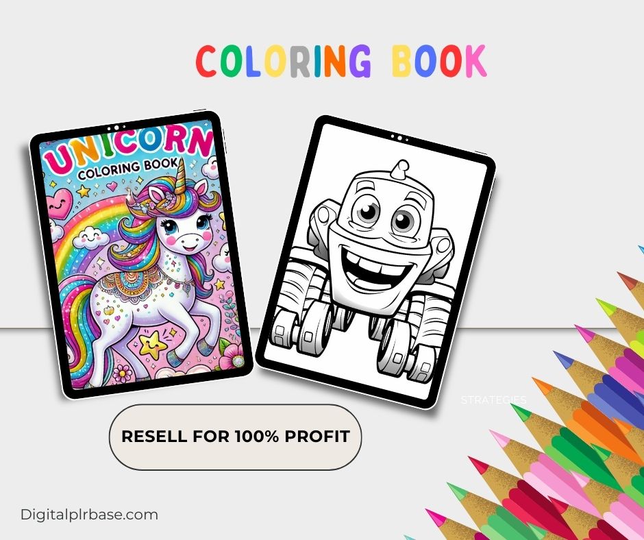 Monster Truck Coloring Book for kids with fun and bold illustrations of cartoon monster trucks. Includes 100 printable pages, editable in Canva, ready to resell with MRR license. Displayed are colorful book covers and black-and-white sample pages featuring various monster trucks in action.