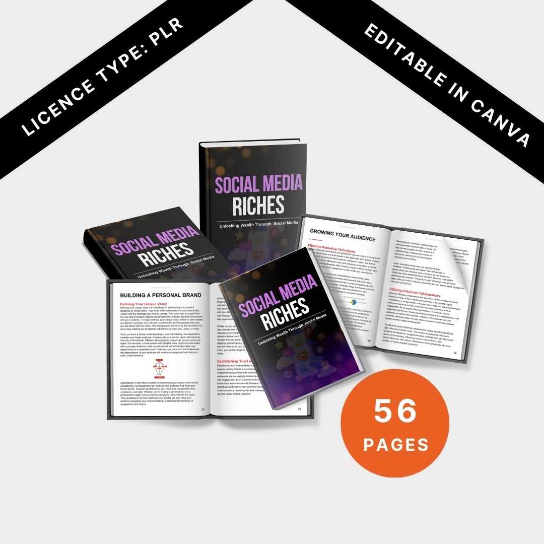 A collection of book mockups showcasing the eBook cover, open pages, and "56 Pages" highlighted in an orange circle, with "Editable in Canva" & "PLR License" labels.