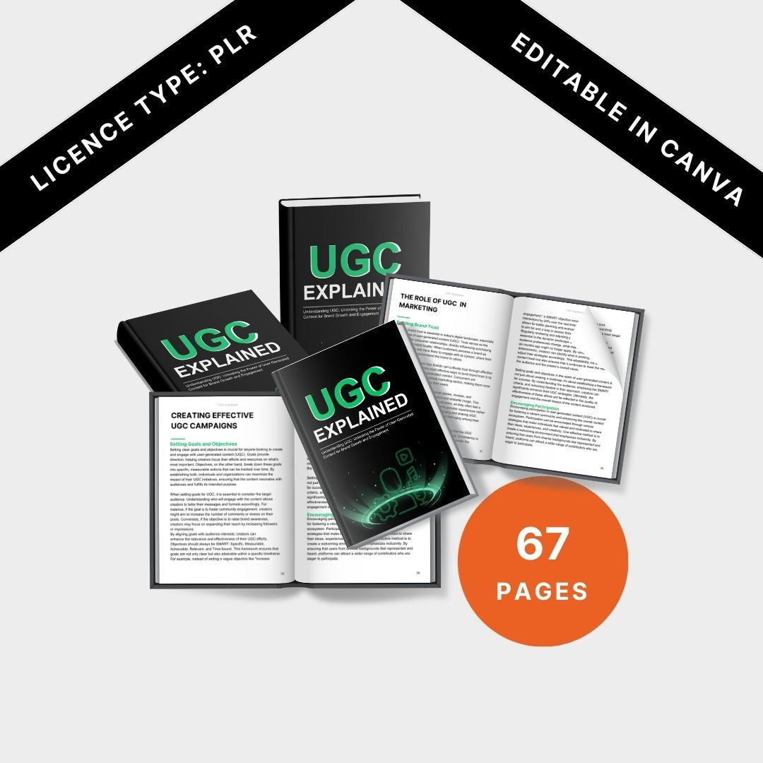 Mockup of UGC Explained PLR ebook bundle showing multiple book views, editable in Canva with 67 pages, and PLR license badge.