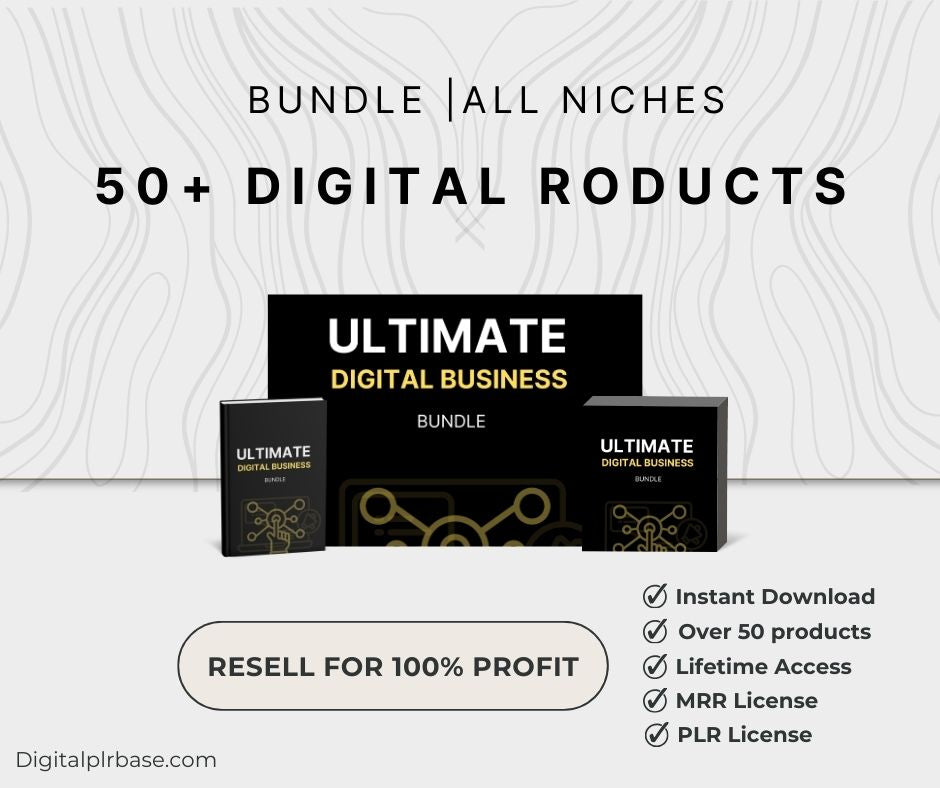 Ultimate Digital Business Bundle with resell benefits listed: Instant Download, Over 50 Products, Lifetime Access, MRR & PLR License.