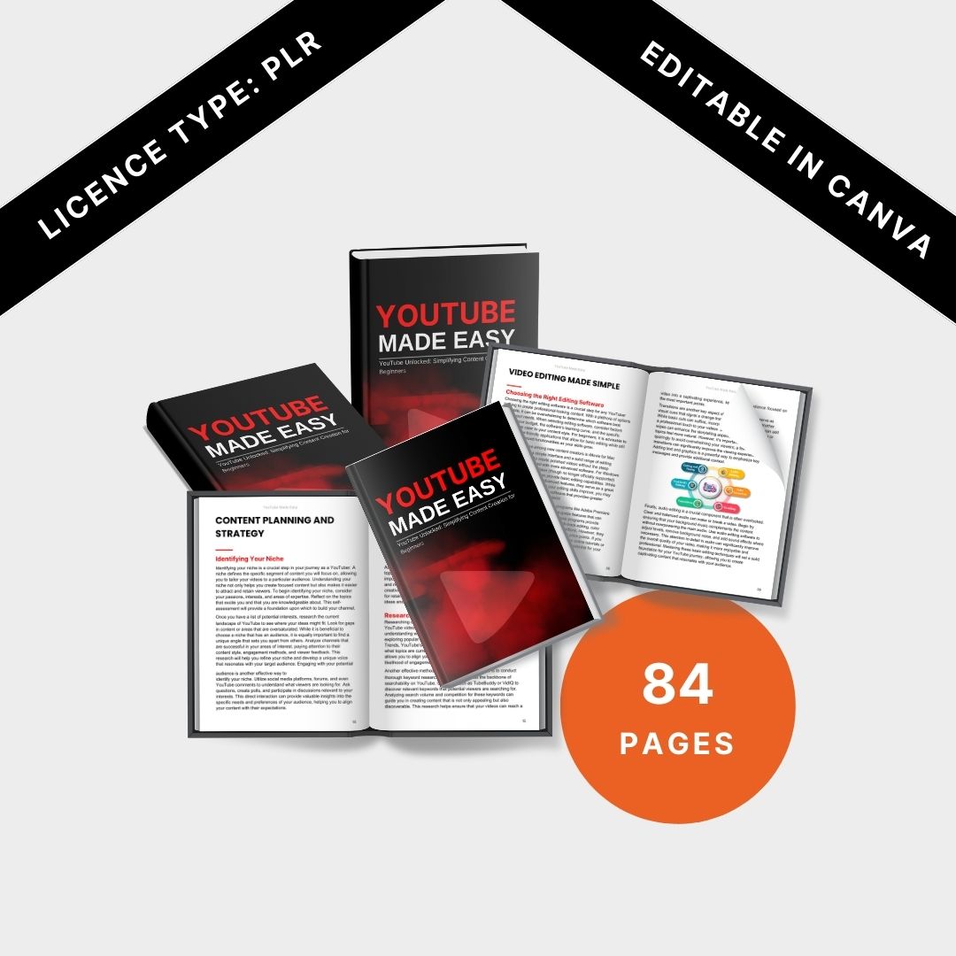Collection of book mockups, inside page previews, and a bold "84 Pages" badge, emphasizing PLR rights and Canva editability.