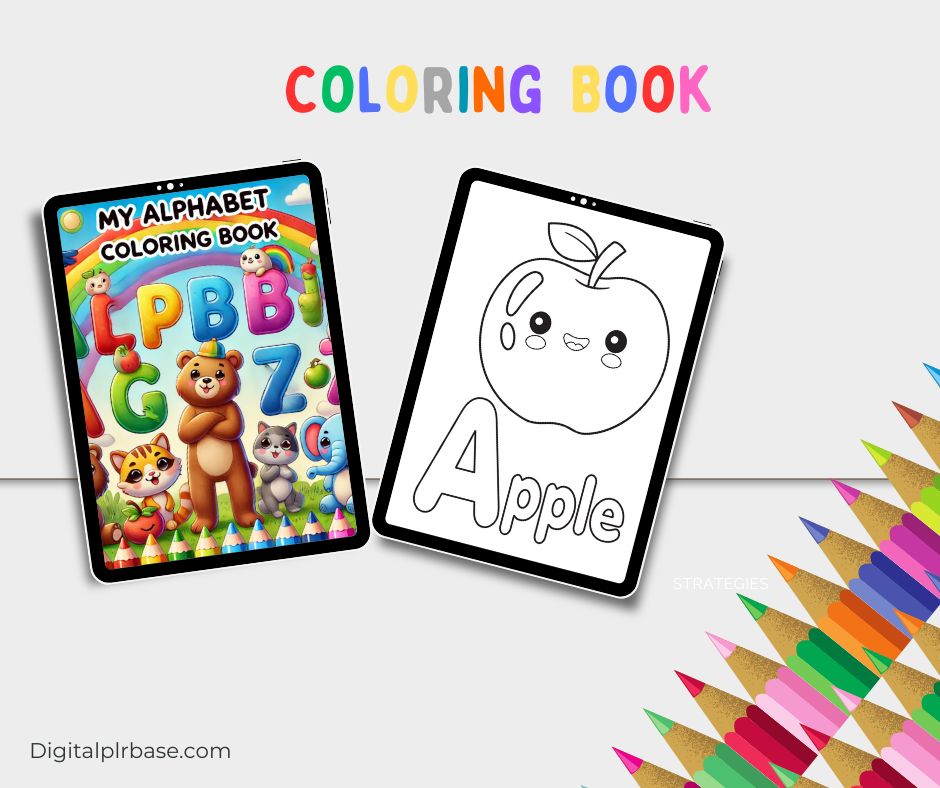 Digital tablet mockup displaying the cover of "My Alphabet Coloring Book" and a coloring page featuring a happy apple with bold text.