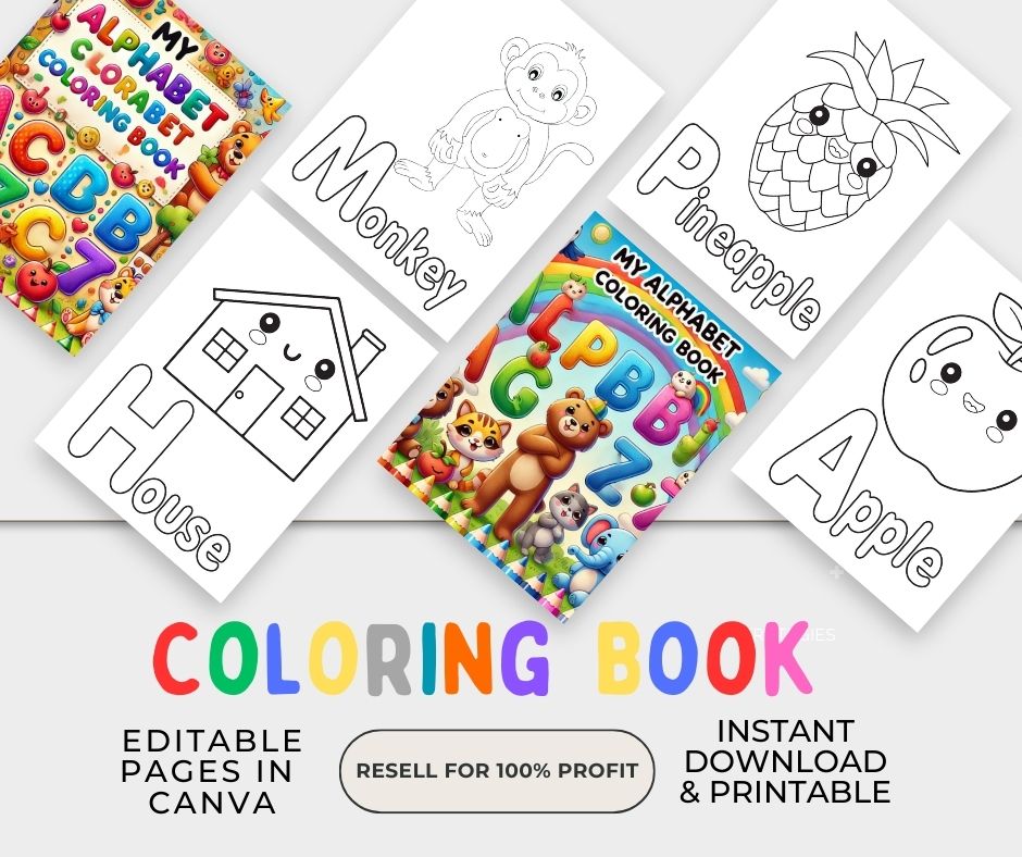 Colorful alphabet coloring book for kids with cartoon animals on the cover and an open page showing pineapple and house drawings to color.