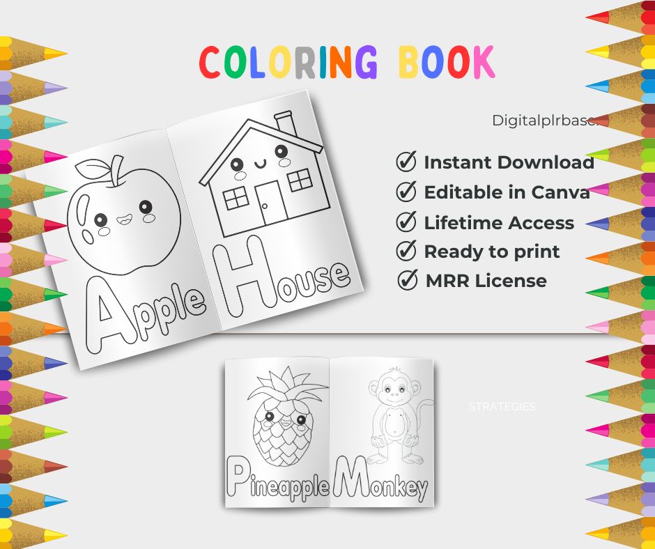 Preview of inside pages from the Alphabet Coloring Book showing line drawings of monkey, pineapple, apple, and house with large easy-to-color text.