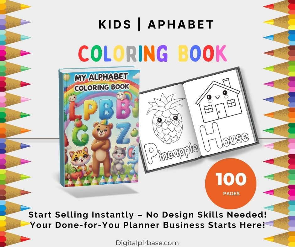 Alphabet Coloring Book mockup with a checklist highlighting features like instant download, editable in Canva, and MRR license.