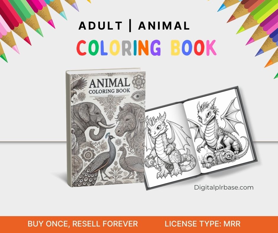 3D cover of the Animal Coloring Book with black-and-white illustrations of steampunk-style dragons displayed in an open book beside it. Header reads “Adult | Animal Coloring Book.