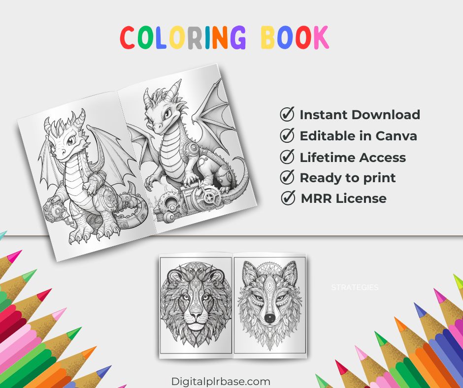 Open spread of two dragon-themed coloring pages next to icons highlighting features like instant download, Canva editability, and MRR license