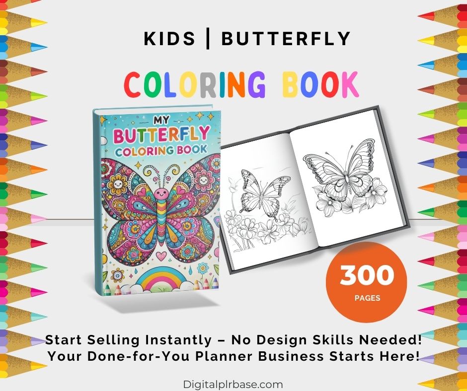 Kids Butterfly Coloring Book with 300 unique pages featuring beautiful butterfly designs for children to color. Includes editable Canva template for resell or personal use.