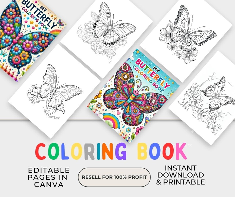 Kids Butterfly Coloring Book with 300 unique pages featuring beautiful butterfly designs for children to color. Includes editable Canva template for resell or personal use.