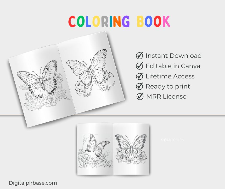Kids Butterfly Coloring Book with 300 unique pages featuring beautiful butterfly designs for children to color. Includes editable Canva template for resell or personal use.