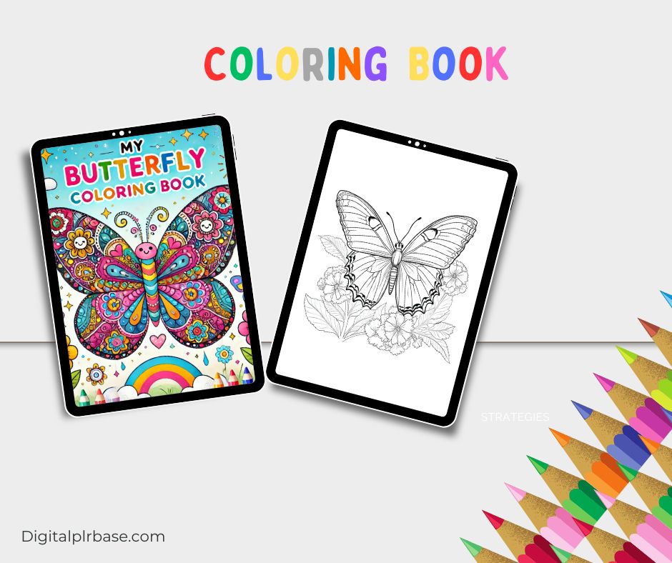 Kids Butterfly Coloring Book with 300 unique pages featuring beautiful butterfly designs for children to color. Includes editable Canva template for resell or personal use.