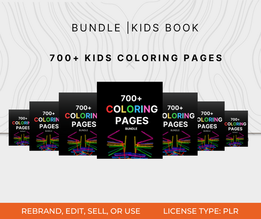 Cover image showing multiple digital mockups of the “700+ Kids Coloring Pages Bundle” with bright colored pencils on a black background. Text overlay indicates PLR license and rebranding rights.
