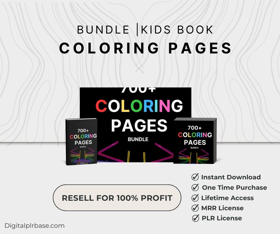 Digital product mockups showcasing the coloring bundle with key benefits listed: instant download, one-time purchase, lifetime access, MRR and PLR license.