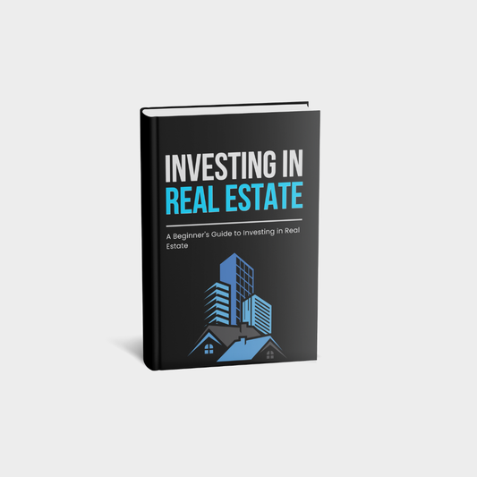 Cover Image (Standing Book View) – A 3D-rendered book cover of "Investing in Real Estate" with a sleek black background. The title is in bold white and blue text, featuring an illustration of modern high-rise buildings and houses, symbolizing real estate investment.