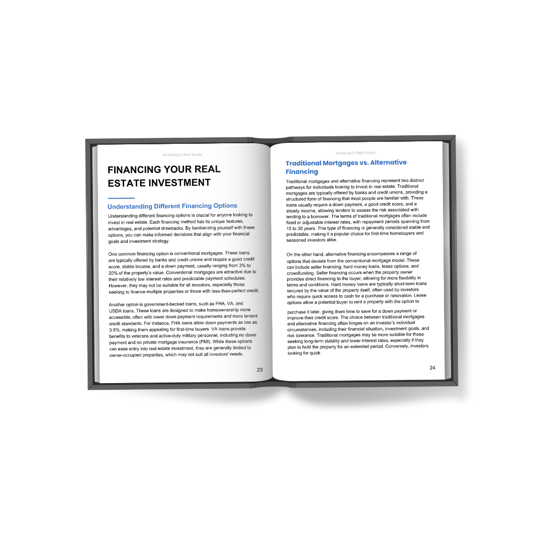 Inside Page Preview (Financing Your Real Estate Investment) – A spread of two pages inside the ebook, displaying well-structured text on different financing options for real estate, including traditional mortgages and alternative financing. The layout is clean and easy to read.