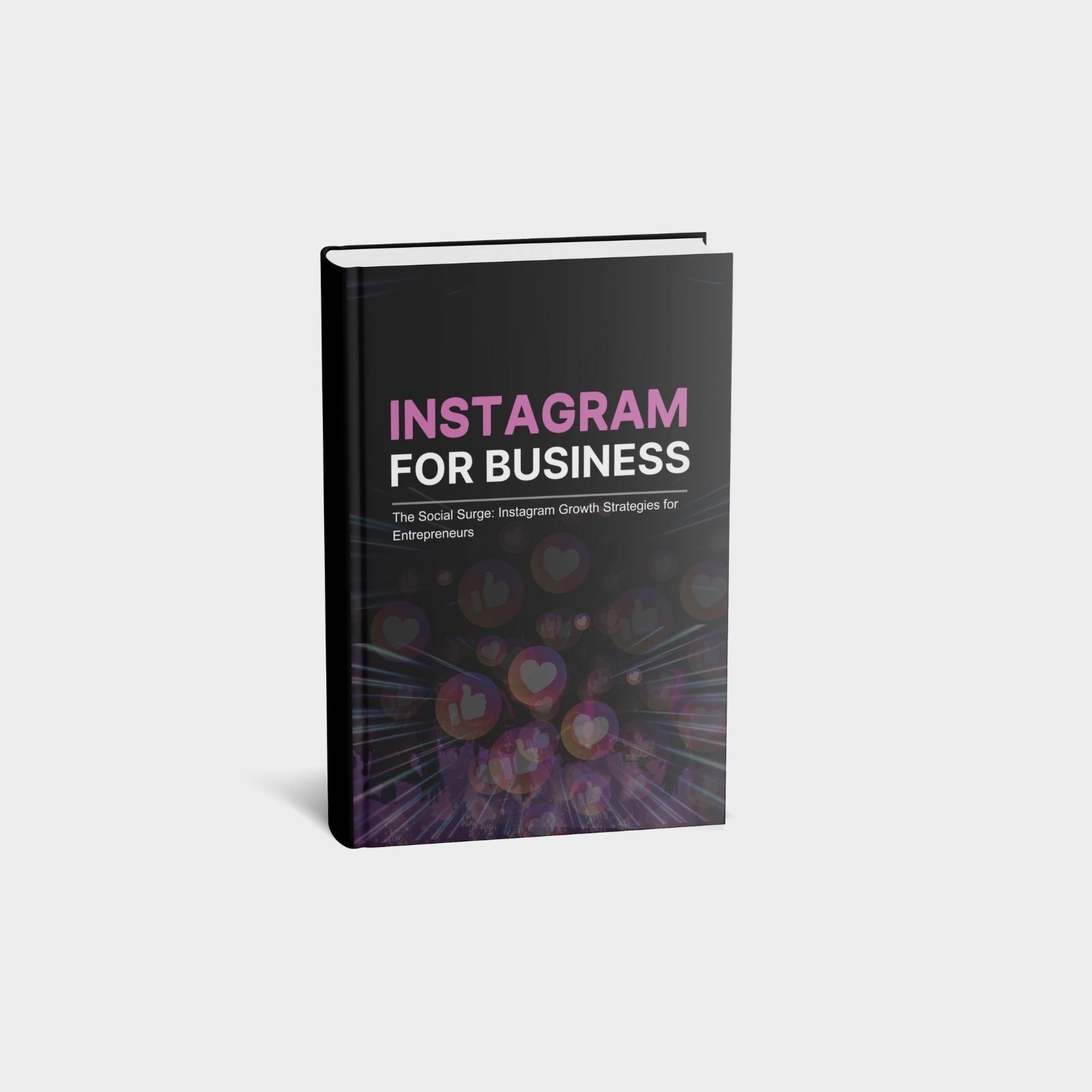 3D book mockup of "Instagram for Business" with a sleek black and pink design featuring social media icons in the background.