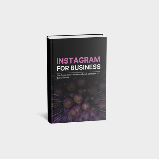 3D book mockup of "Instagram for Business" with a sleek black and pink design featuring social media icons in the background.
