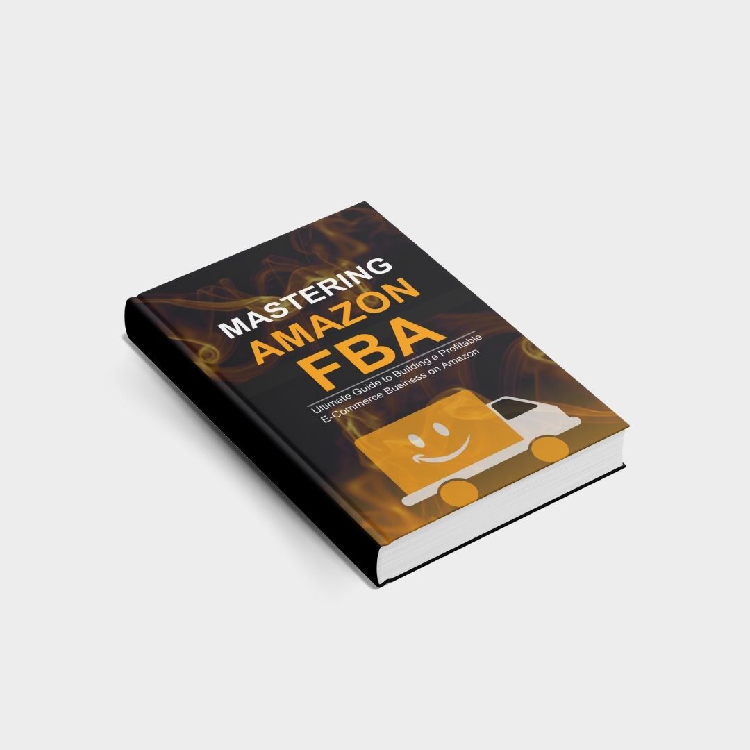 Mastering Amazon FBA ebook mockup laying flat showing cover design with smiling delivery truck icon.