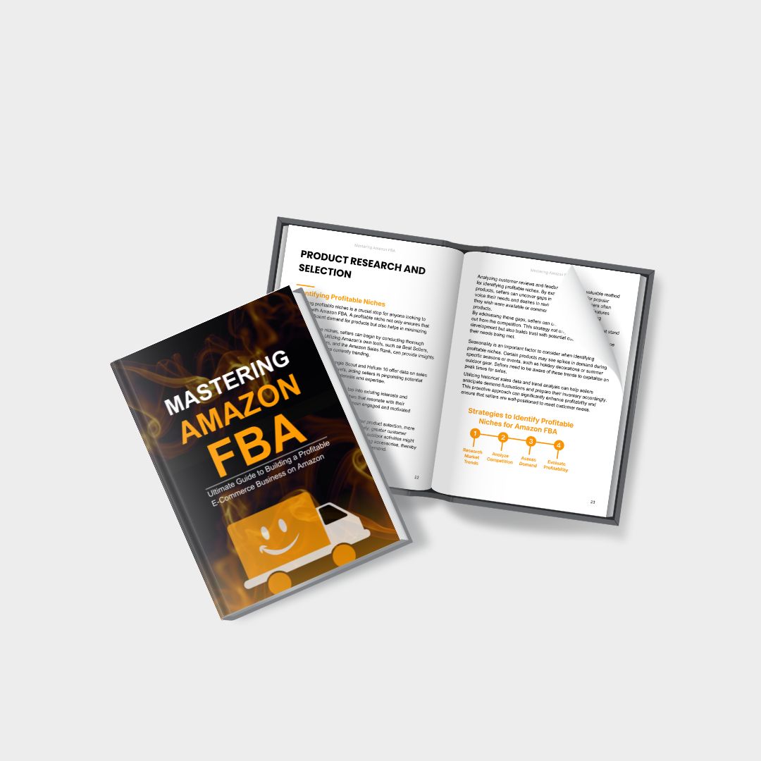 Mastering Amazon FBA ebook opened to a product research section, beside a cover mockup.
