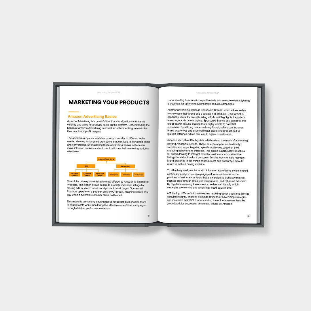 Inner pages of Mastering Amazon FBA ebook showing a section on Amazon advertising strategies.