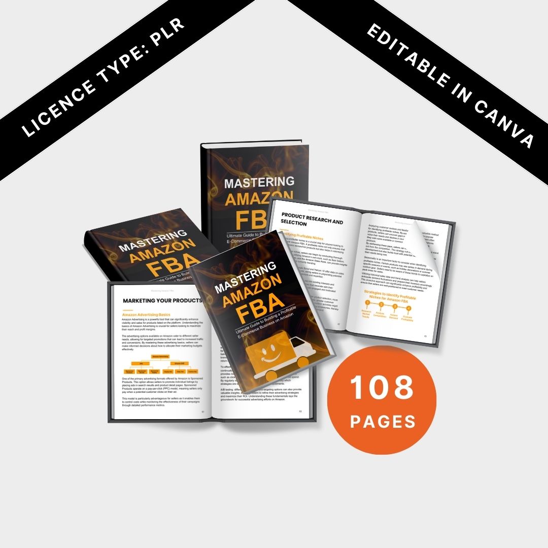 Compilation of Mastering Amazon FBA ebook cover and inside pages with label '108 pages', PLR license, and Canva editable.