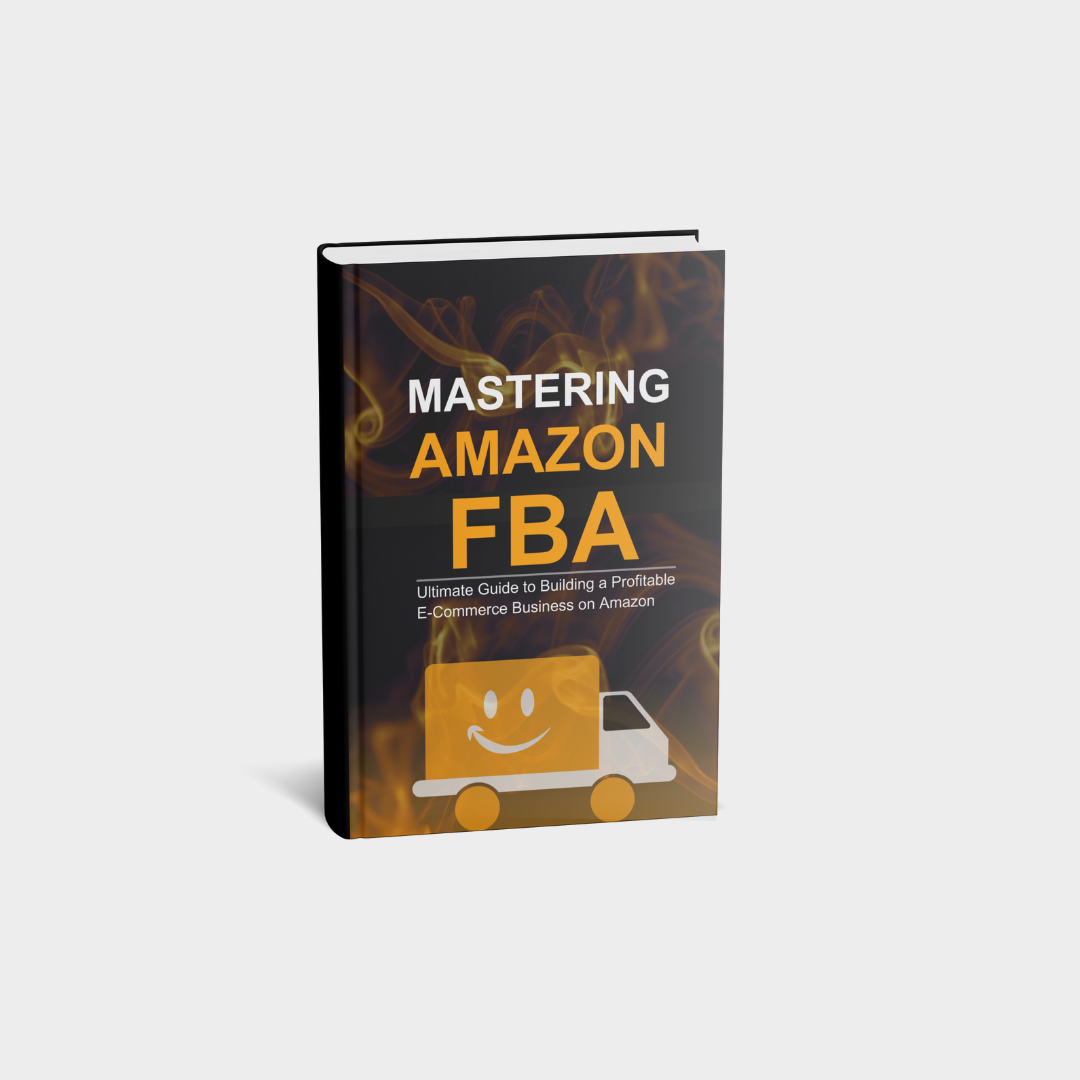 3D mockup of Mastering Amazon FBA ebook standing upright with dark background and flame effect.