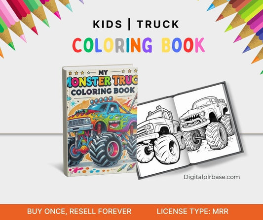 Monster Truck Coloring Book for kids with fun and bold illustrations of cartoon monster trucks. Includes 100 printable pages, editable in Canva, ready to resell with MRR license. Displayed are colorful book covers and black-and-white sample pages featuring various monster trucks in action.