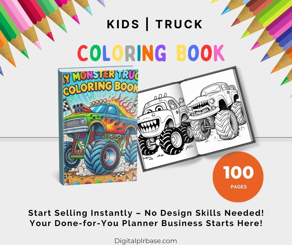 Monster Truck Coloring Book for kids with fun and bold illustrations of cartoon monster trucks. Includes 100 printable pages, editable in Canva, ready to resell with MRR license. Displayed are colorful book covers and black-and-white sample pages featuring various monster trucks in action."