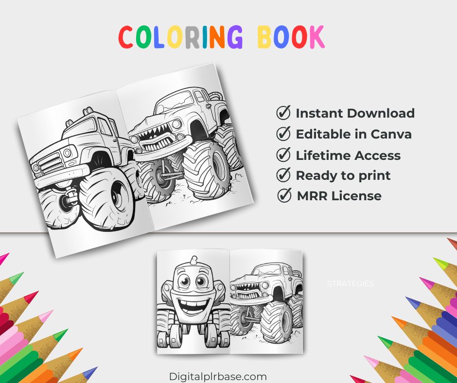 Monster Truck Coloring Book for kids with fun and bold illustrations of cartoon monster trucks. Includes 100 printable pages, editable in Canva, ready to resell with MRR license. Displayed are colorful book covers and black-and-white sample pages featuring various monster trucks in action.