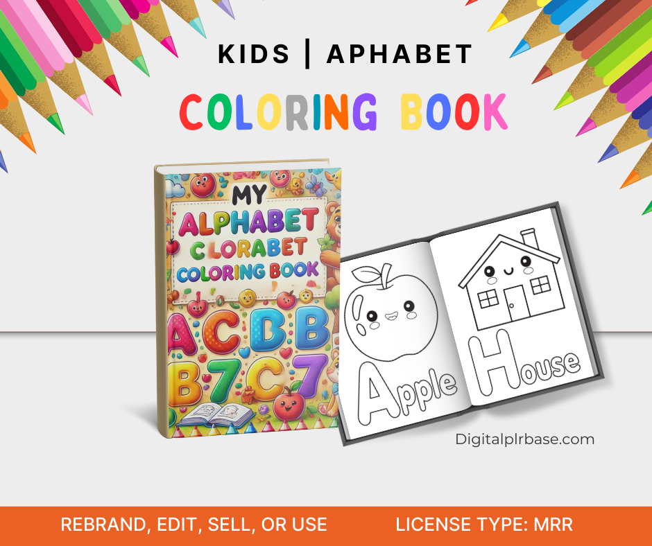 Cover of "My Alphabet Coloring Book" with cute cartoon letters and emojis, alongside an open page showing apple and house coloring illustrations.