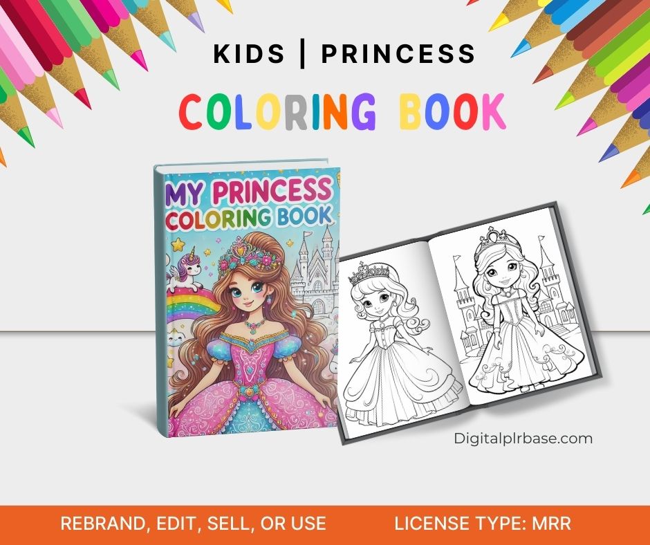 Cover Preview with Open Pages – Princess Coloring Book with apple-cheeked princesses and castle illustrations.