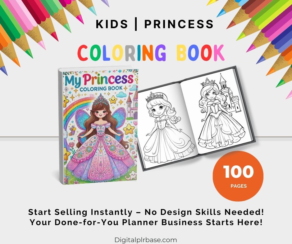 100 Pages Banner – Bright preview of princess-themed coloring pages with bold “100 Pages” badge.