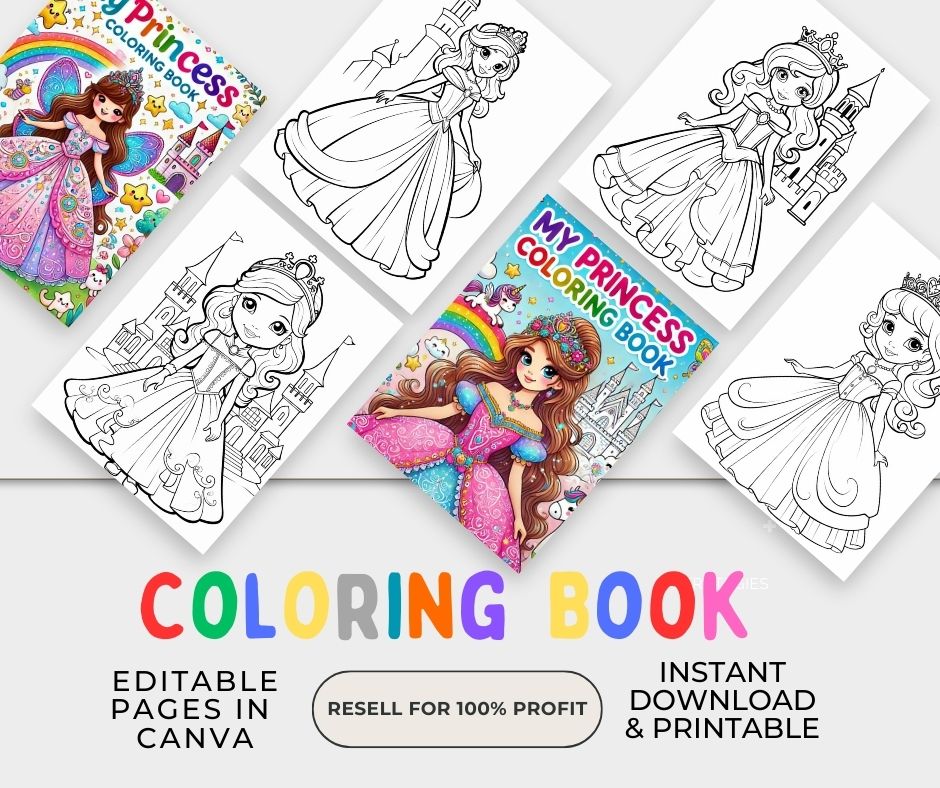 Editable Pages Showcase – Canva editable layouts showing individual princess drawings.