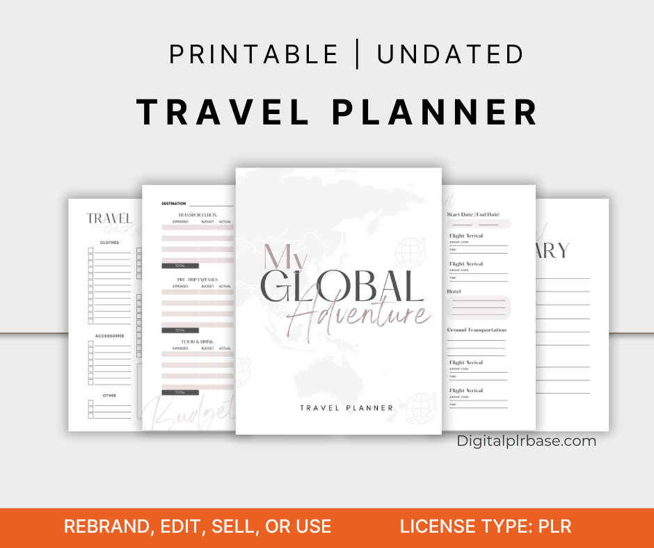 Cover and interior preview of My Global Adventure Travel Planner with pages showing checklist, budget, and itinerary layout – PLR licensed.