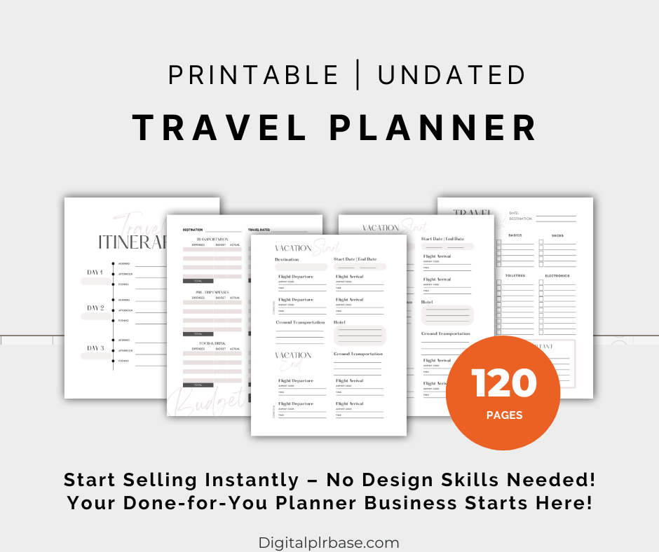 120-page printable and undated travel planner featuring vacation budget sheet, itinerary, travel checklist – no design skills needed.