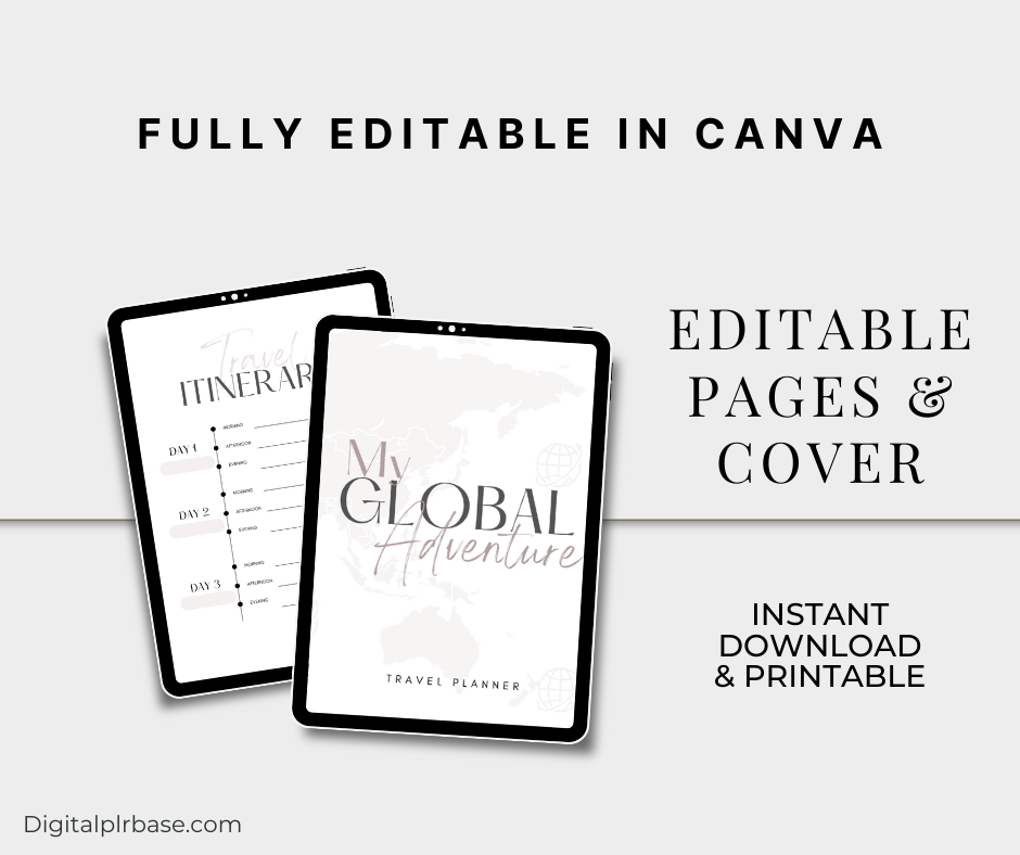 Tablet preview showing editable Canva version of My Global Adventure Travel Planner – includes itinerary and planner cover.