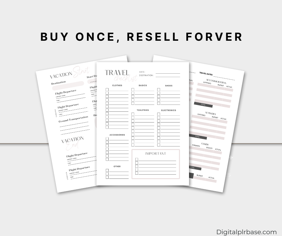 Pages from travel planner featuring travel checklist, vacation start details, and expenses tracker – resell forever.