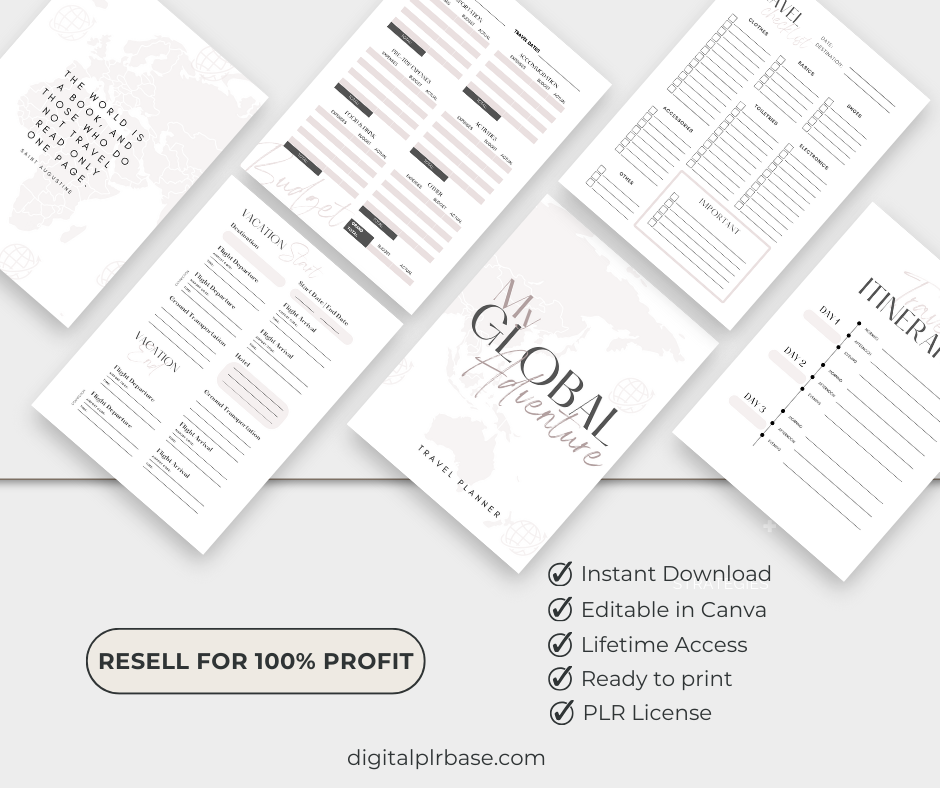 Flatlay preview of My Global Adventure Travel Planner – includes budget sheet, itinerary, packing checklist, and PLR license features.