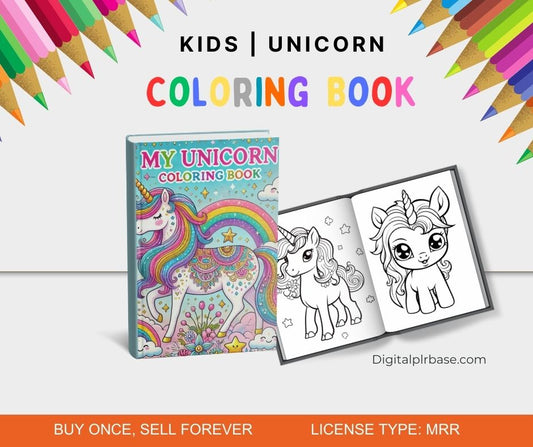 Front cover and interior preview of My Unicorn Coloring Book with colorful rainbow and stars.